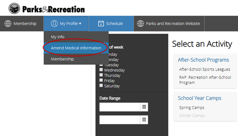 Screen shot of medical information update on Parks and Recreation registration website