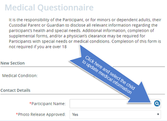 Screen shot of medical information update on Parks and Recreation registration website