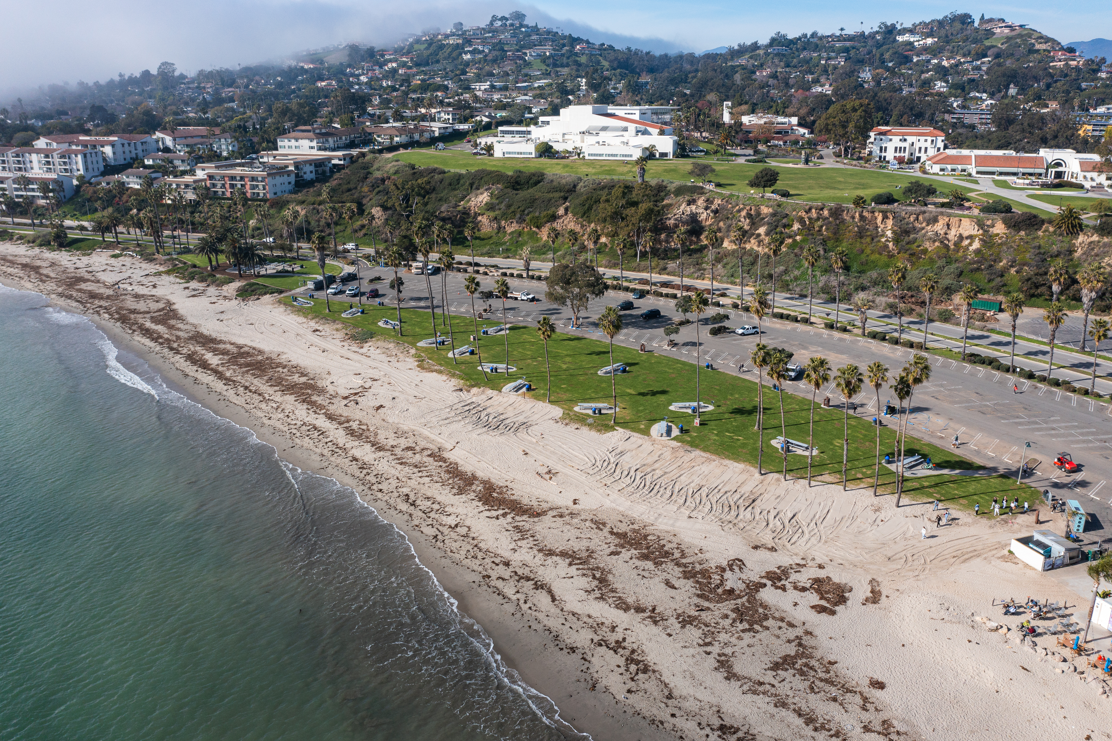 Aerial shot of Leadbetter Beach Park with green grass