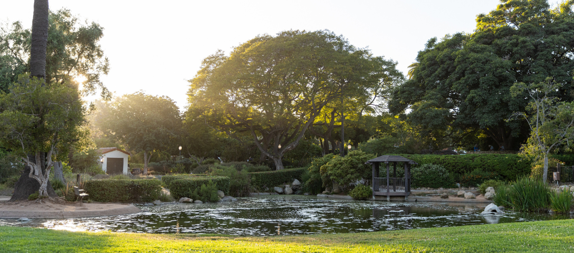 Pond in Alice Keck Park Memorial Garden with sun setting in background