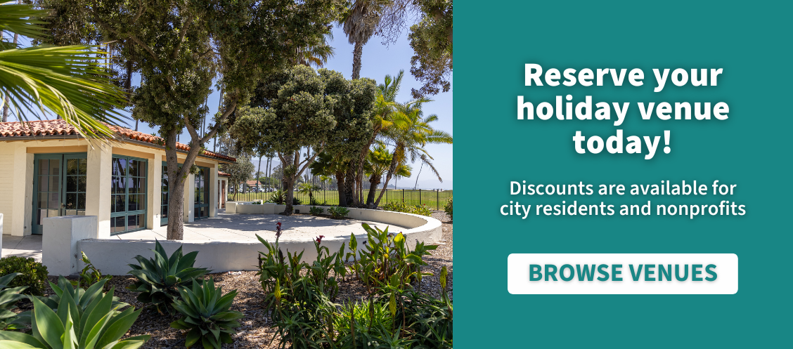 Picture of Palm Park Beach House with text saying, "Reserve your holiday venue today! Discounts are available for city residents and nonprofits"