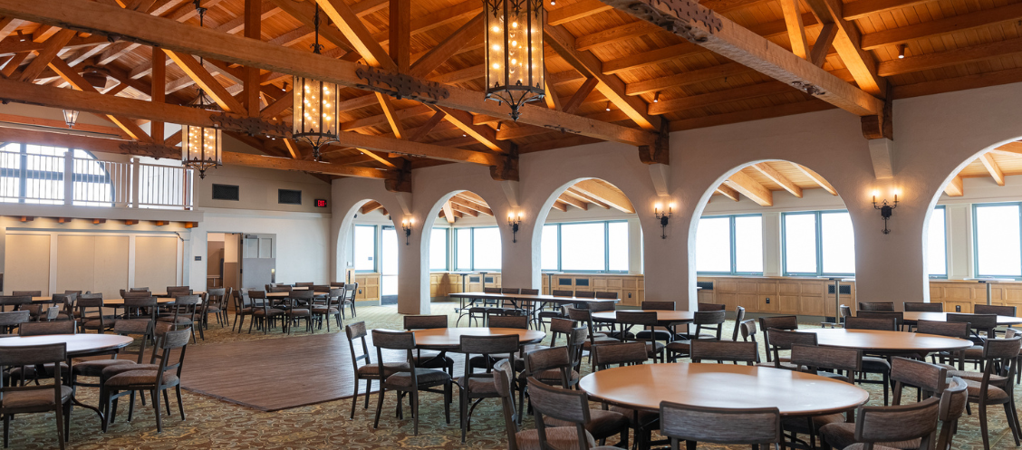 Cabrillo Pavilion Event Center with round tables and chairs set up.