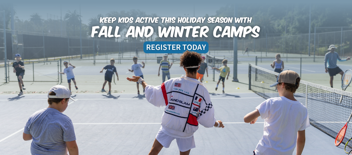 Tennis Camp with text reading "Keep Kids Active This Holiday Season with Fall and Winter Camps: Register Today"