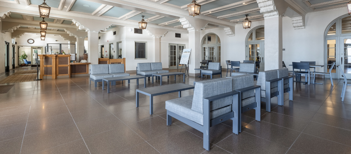 Cabrillo Pavilion lobby with seating and front desk