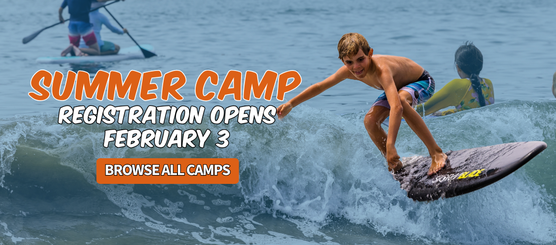 Camper Surfing with text reading "Summer Camp registration opens February 3: Browse All Camps"