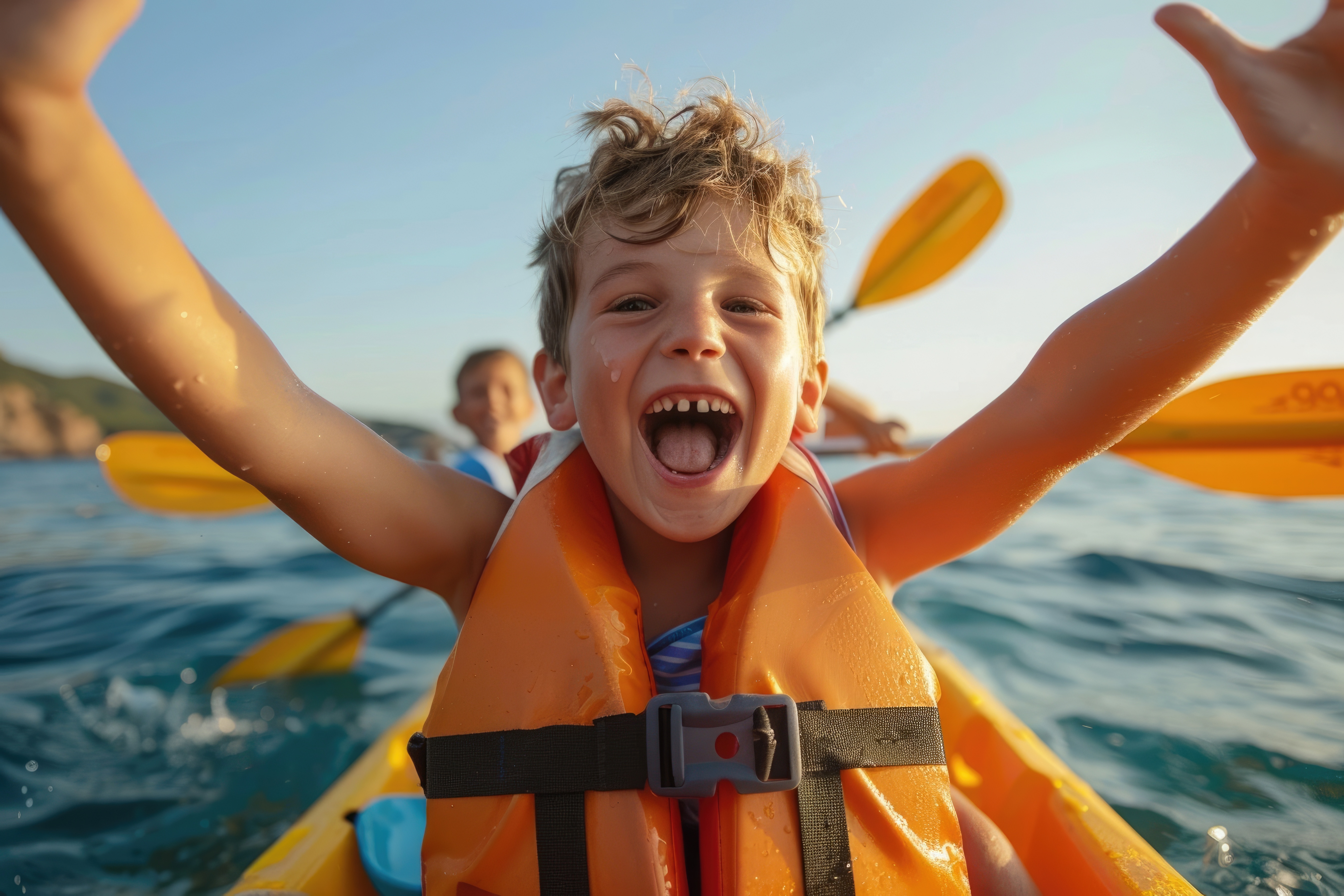 A child in a lifejacket smiles at the camera