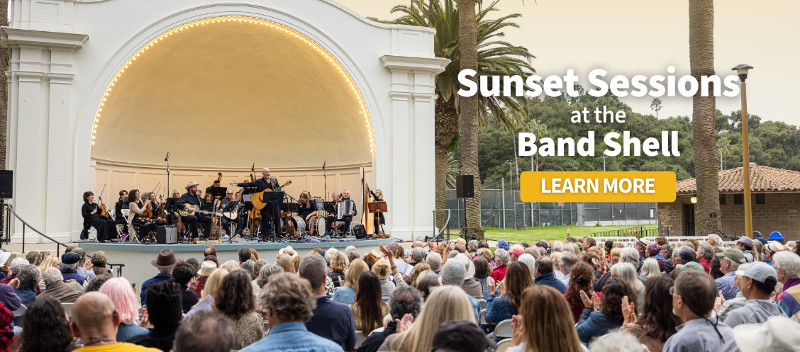 Image of Folk Orchestra playing at the Plaza Del Mar Band Shell in front of a large crowd. Text overlayed reads, "Sunset Sessions at the Band Shell: Learn More"