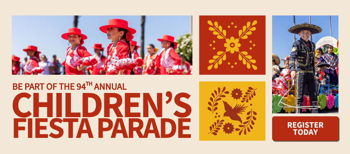 Children's Fiesta Parade Banner with photos of children in the parade, the title and a register now button.