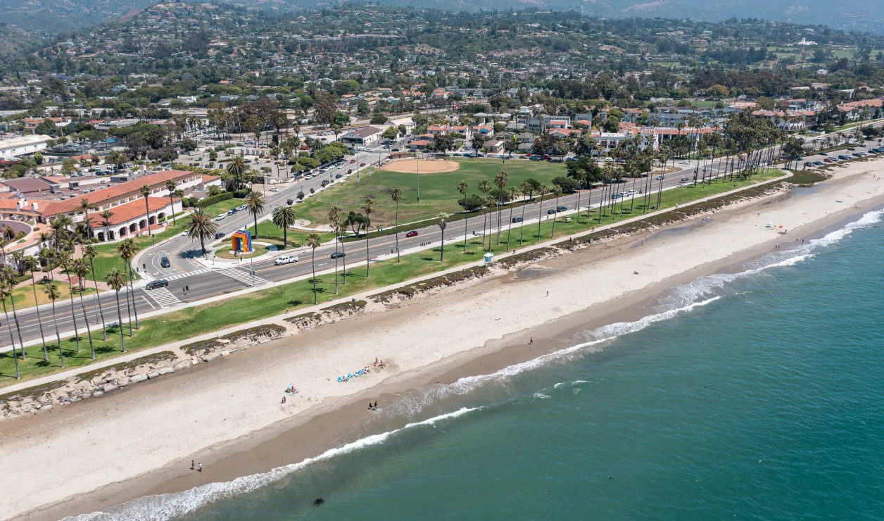 Aerial view of East Beach with the Chromatic Gate in the background