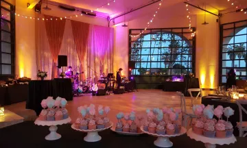 Carousel House decorated for a wedding with band and cupcakes in foreground