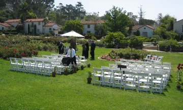Wedding ceremony preparation at the Mission Rose Garden