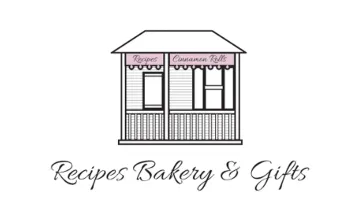 Recipes Bakery & Gifts logo with a line drawing of a house with pink awnings