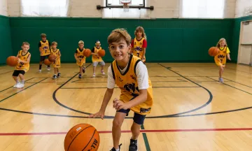 Camper dribbles a basketball toward the camera with a large group in the background dribbling as well.