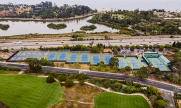 An aerial view of tennis and pickleball courts