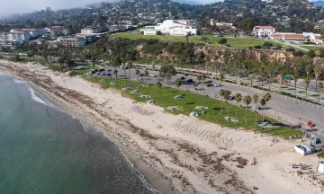 Aerial shot of Leadbetter Beach Park with green grass