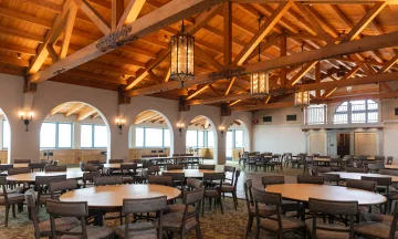 Cabrillo Pavilion Event Center set up with circle tables surrounding a central dancefloor