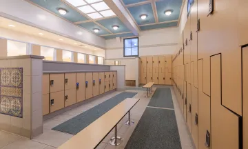 Lockers and benches in the Cabrillo Pavilion Locker Room