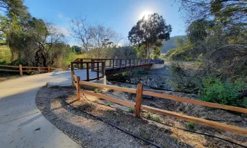 Footbridge at Arroyo Burro Open Space with sun behind trees.