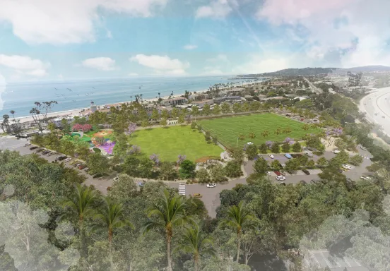 Artistic rendering of the Dwight Murphy Field Renovation project, including new sport fields and Gwendolyn's Playground