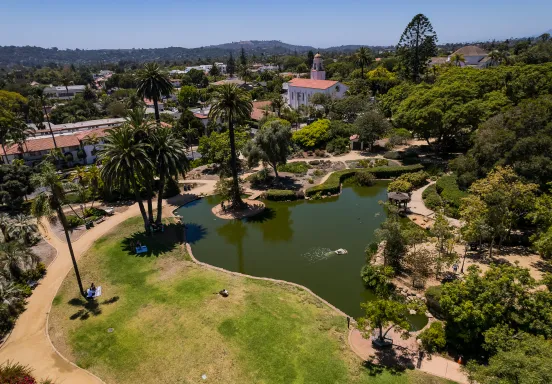 Aerial view of the pond at Alice Keck Memorial Garden
