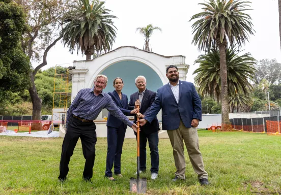 City staff, Councilmembers, and PARC Foundation representative pose in front of Plaza del Mar Band Shell