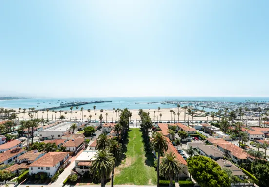 An aerial view shows Ambassador Park leading to the ocean