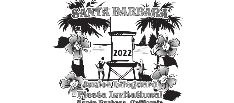 Santa Barbara Junior Guards Fiesta Invitational Competition image with palm trees, flowers, lifeguard tower