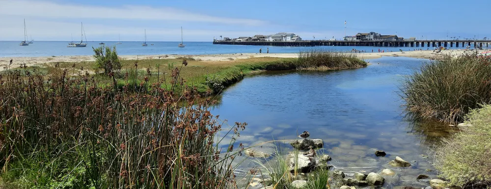 Laguna Creek outfall on East Beach with Stearns Wharf in background