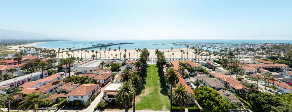 An aerial view shows Ambassador Park leading to the ocean