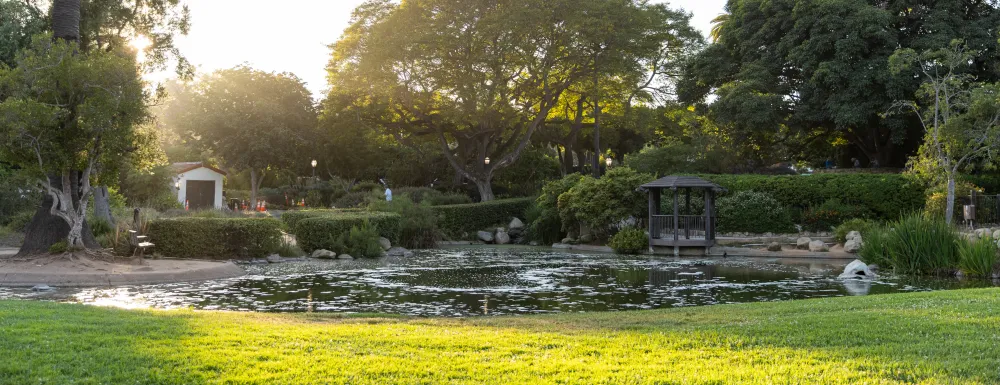 Alice Keck Park Memorial Garden pond and grassy area at sunset