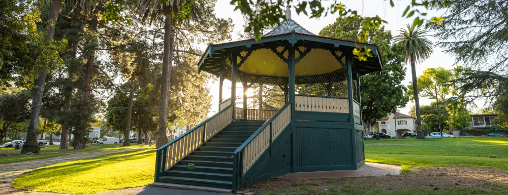 Bandstand at Alameda Park backlit by sunlight