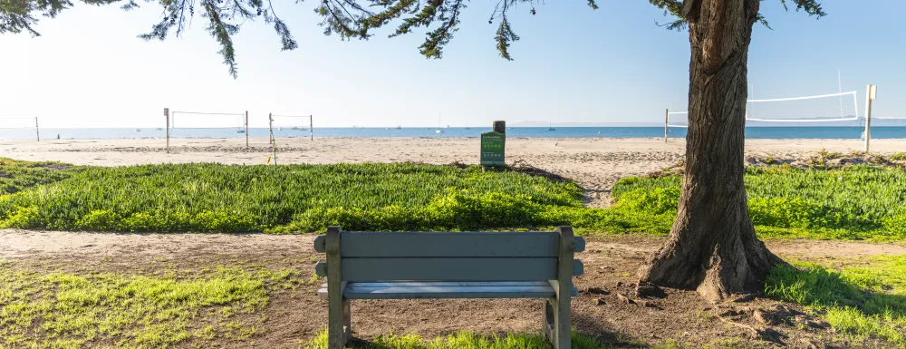 East Beach Park bench with ocean view and volleyball courts in background