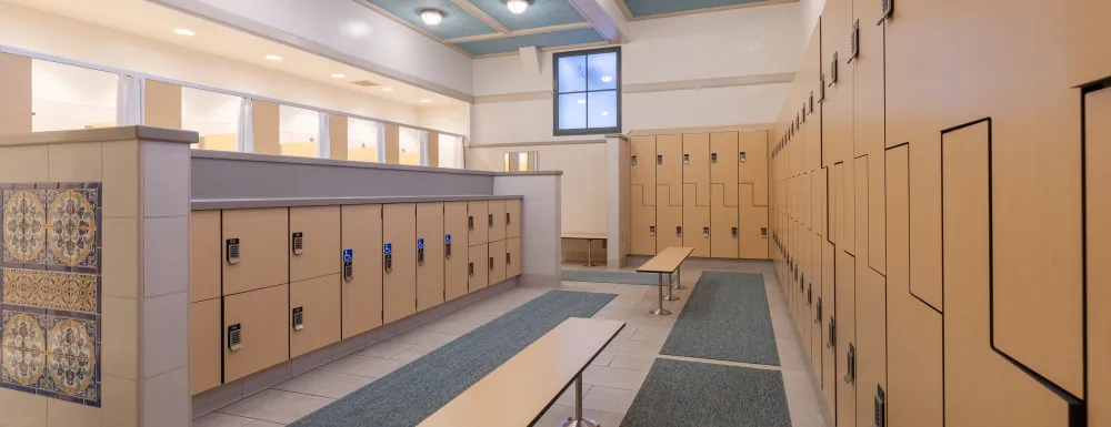 Lockers and benches in the Cabrillo Pavilion Locker Room