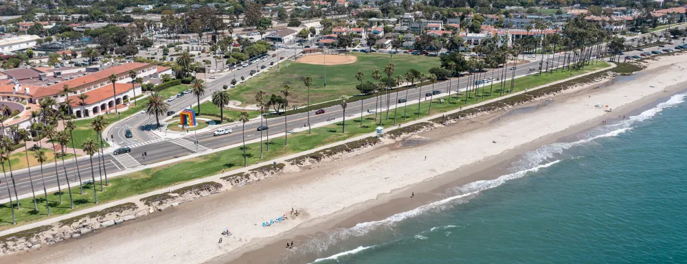 Aerial view of East Beach with the Chromatic Gate in the background