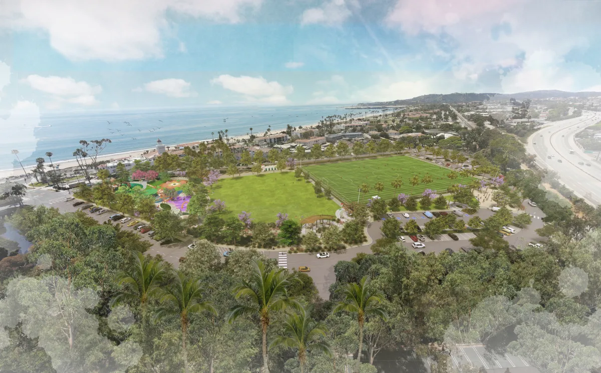 Artistic rendering of the Dwight Murphy Field Renovation project, including new sport fields and Gwendolyn's Playground