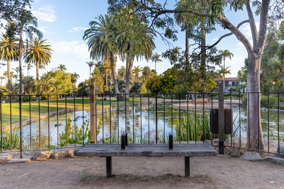 Park bench overlook the Alice Keck Park Memorial Garden pond