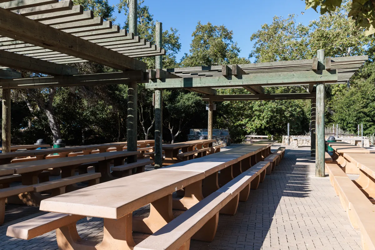 Oak Park main picnic area with shaded picnic tables under the pergola