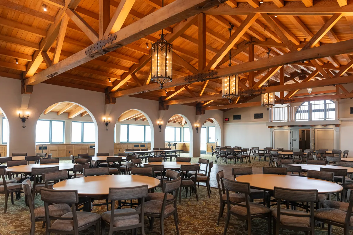 Cabrillo Pavilion Event Center set up with circle tables surrounding a central dancefloor