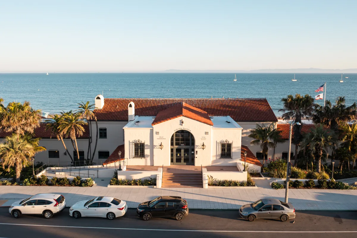 Aerial view of the Cabrillo Pavilion entrance from Cabrillo Blvd.