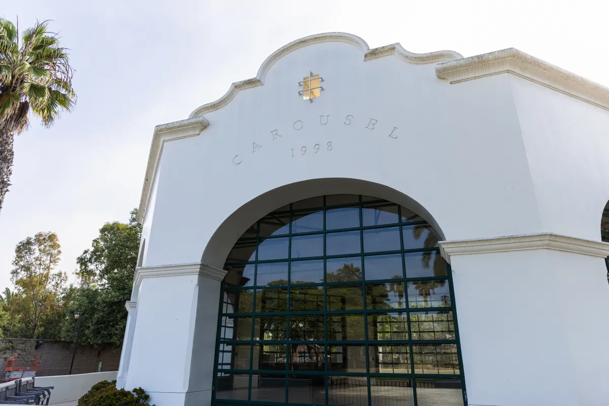 The Carousel House up close with engraved text reading "Carousel 1998"