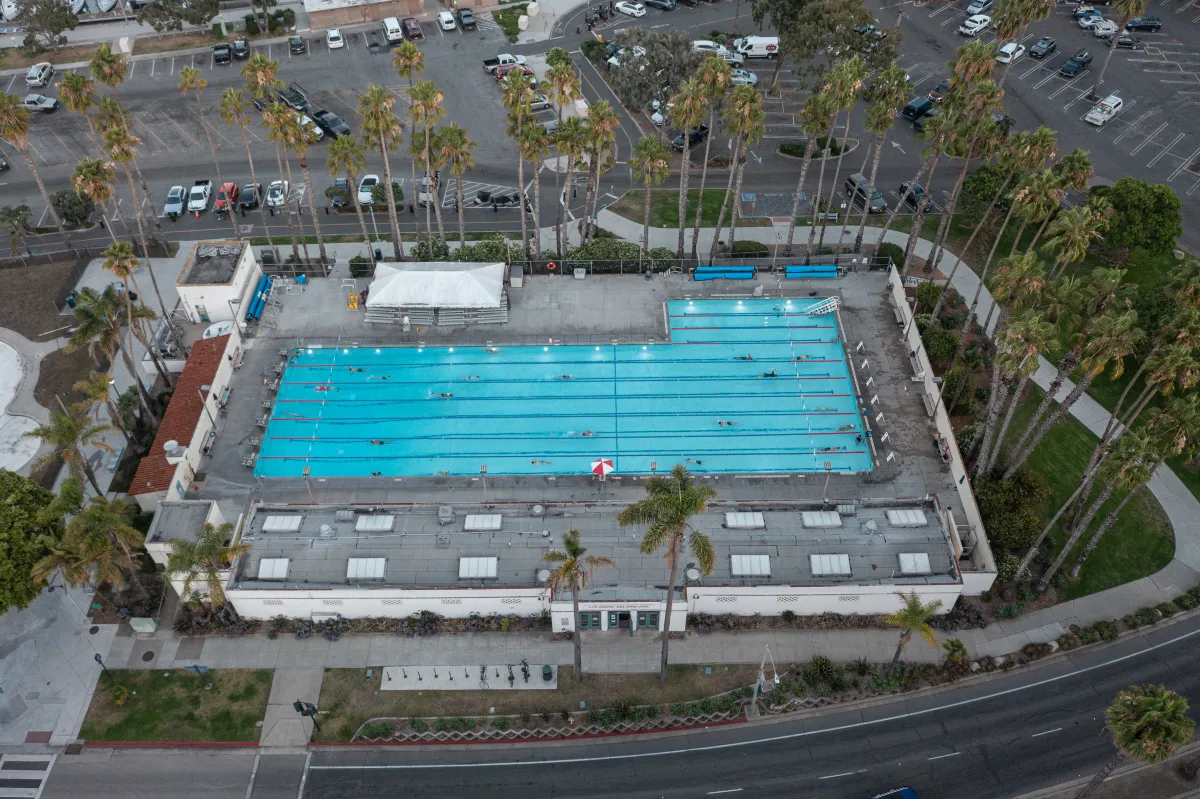 Aerial view of Los Baños del Mar with people swimming