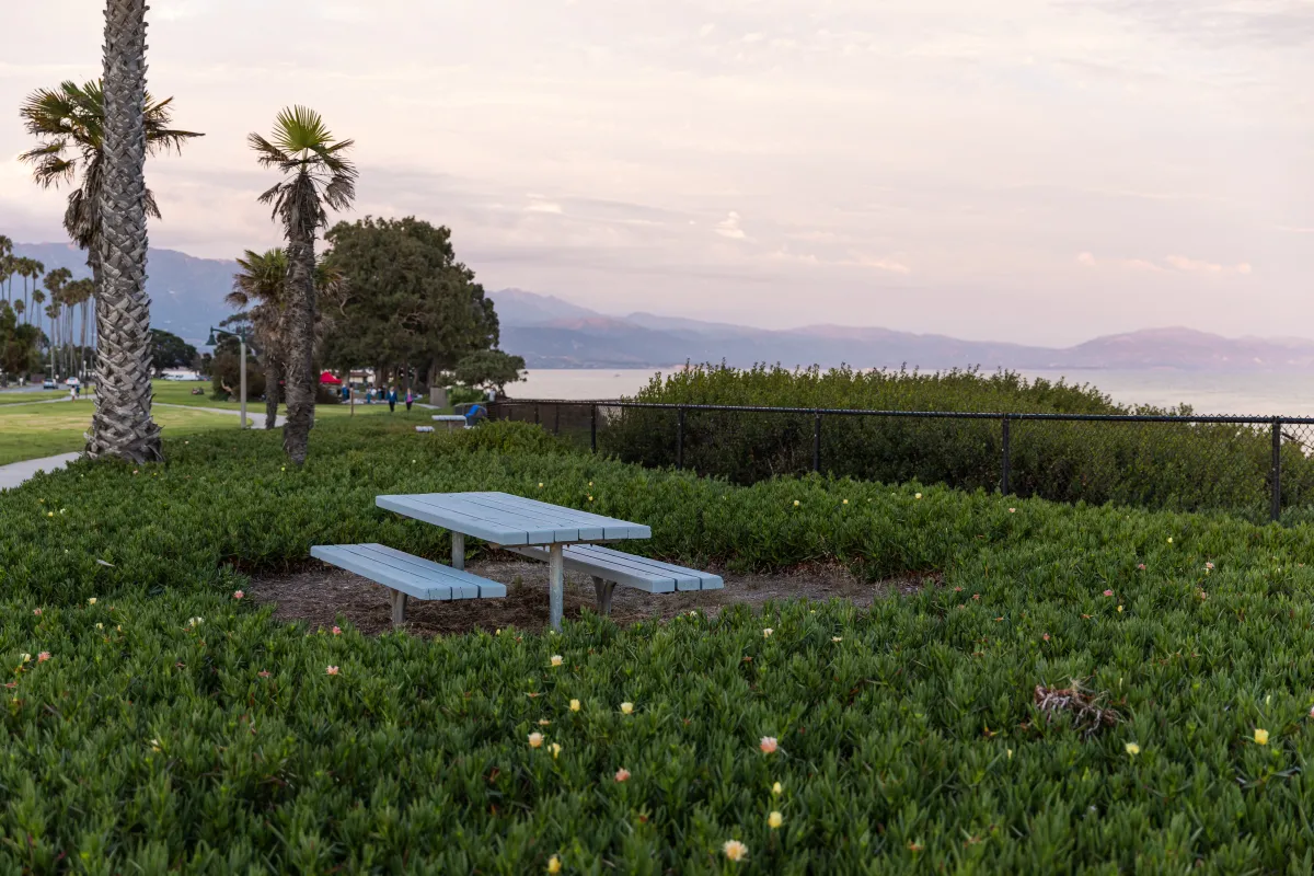 Picnic table at Shoreline Park at sunset