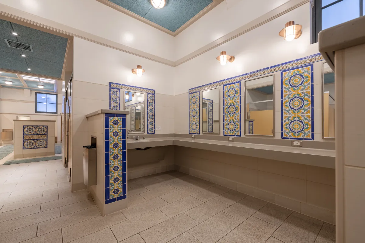 Sinks and mirrors at the Cabrillo Pavilion Locker Rooms