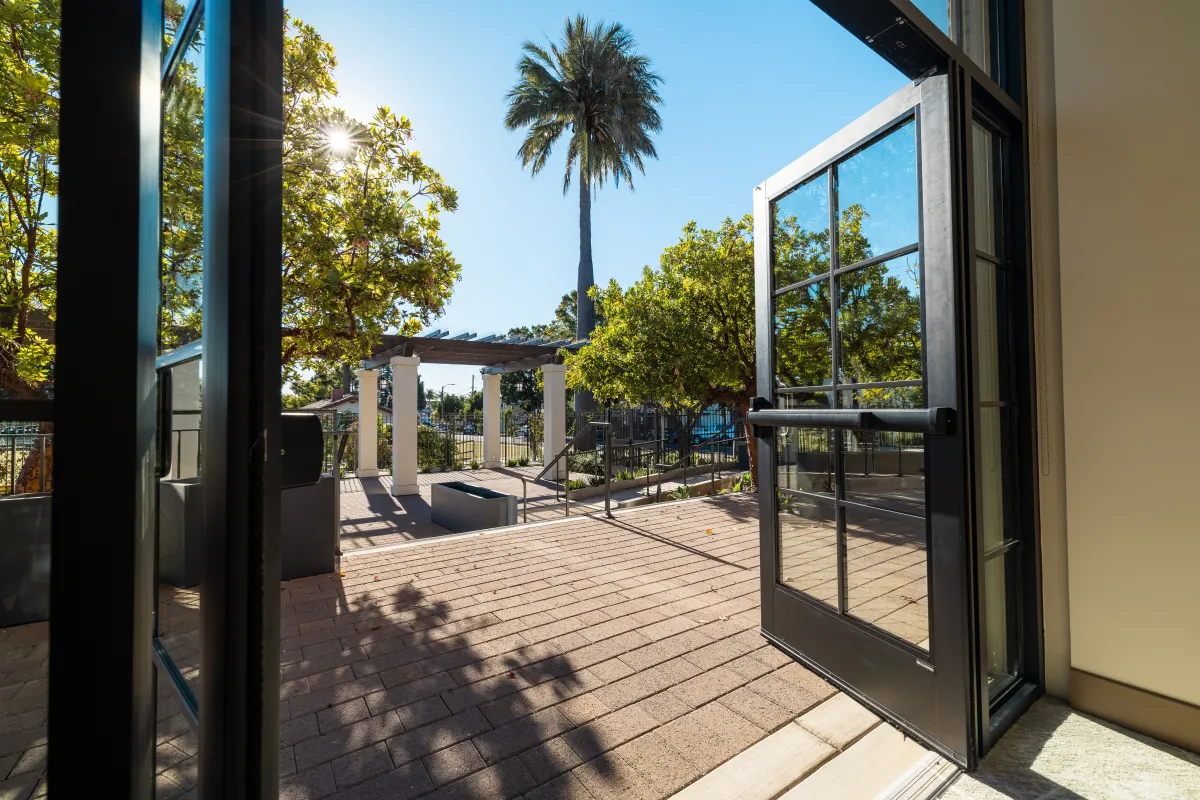 Doors leading to the outdoor patio at the Louise Lowry Davis Center