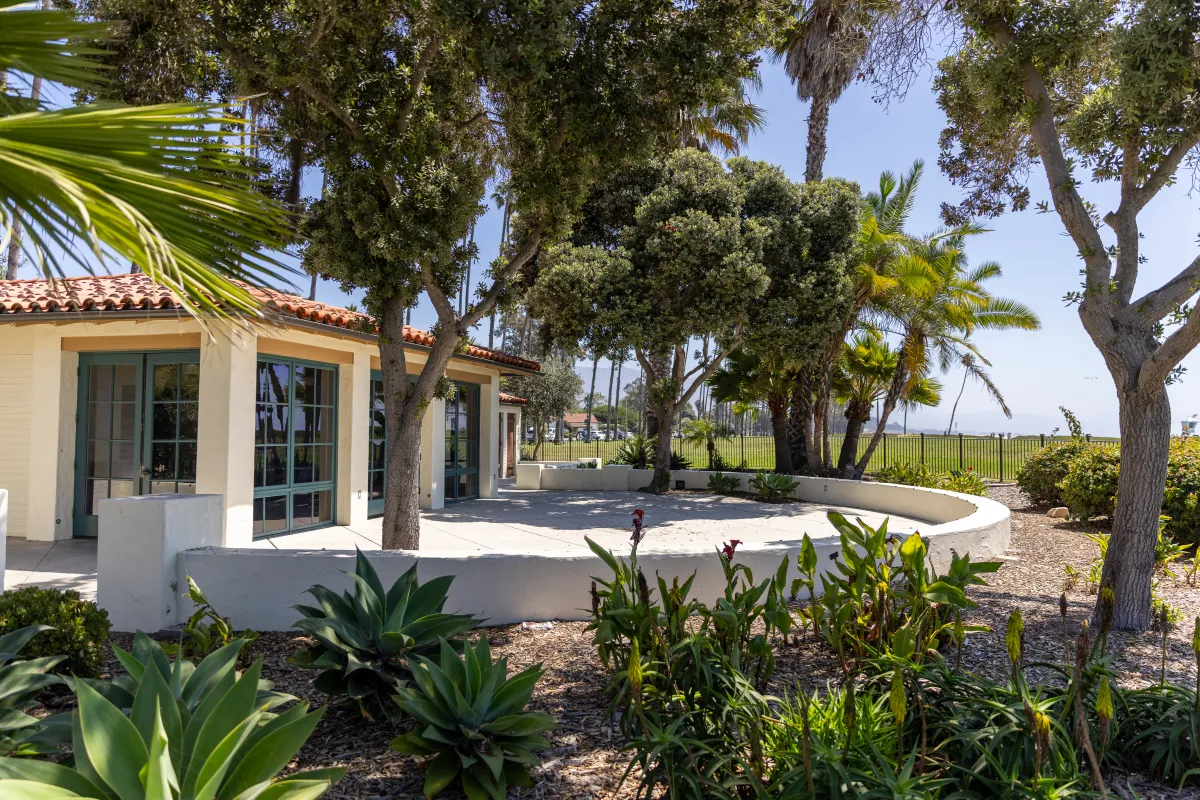 Back patio of the Palm Park Beach House with green foliage all around