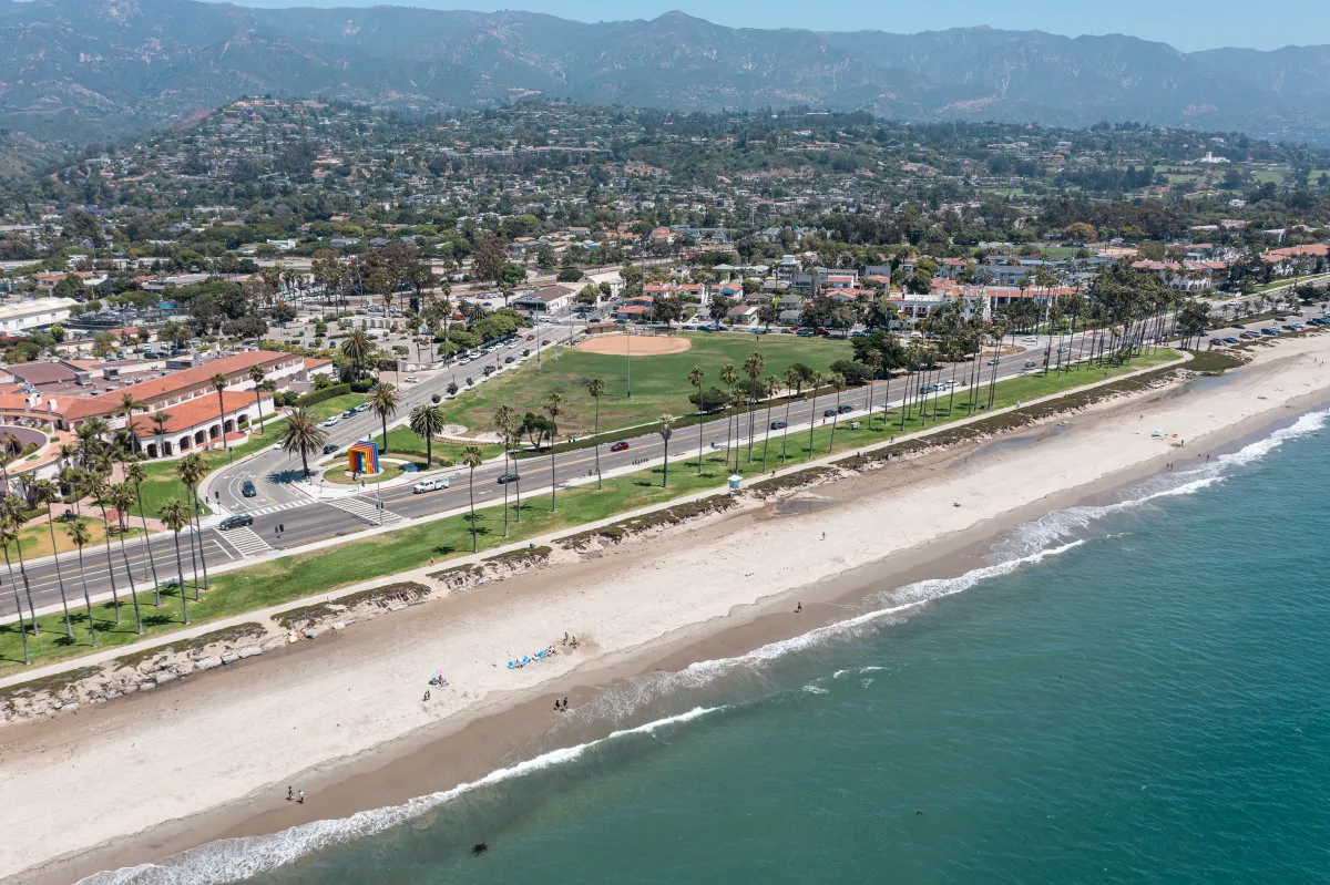 Aerial view of East Beach with the Chromatic Gate in the background
