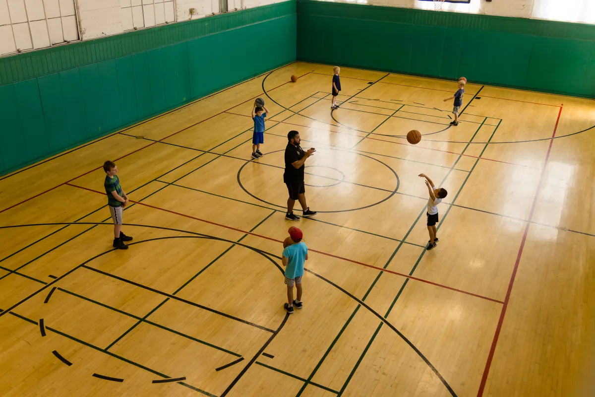 Overhead view of the Carrillo Street Gymnasium during basketball camp