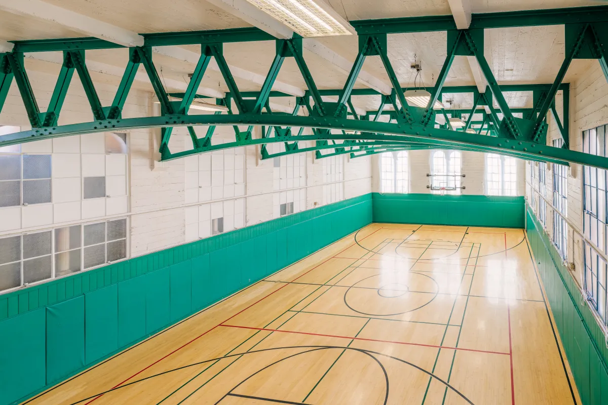 Carrillo Street Gymnasium indoor court view from the balcony above
