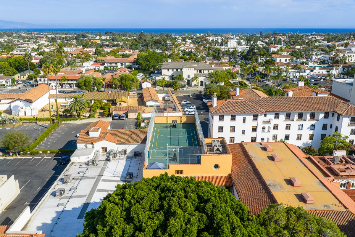 Aerial view of the rooftop court at Carrillo Street Gymnasium and its central location in downtown Santa Barbara