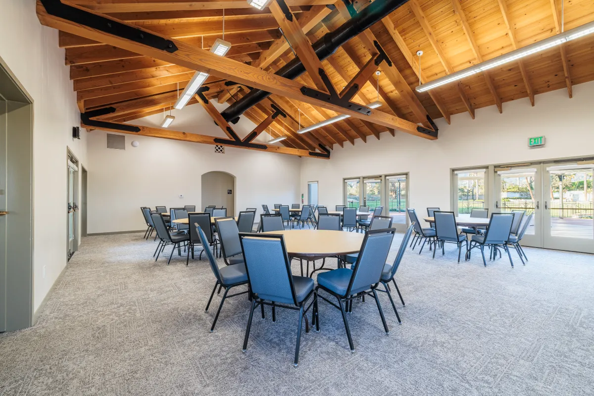 Casa Las Palmas interior with tables and chairs set up